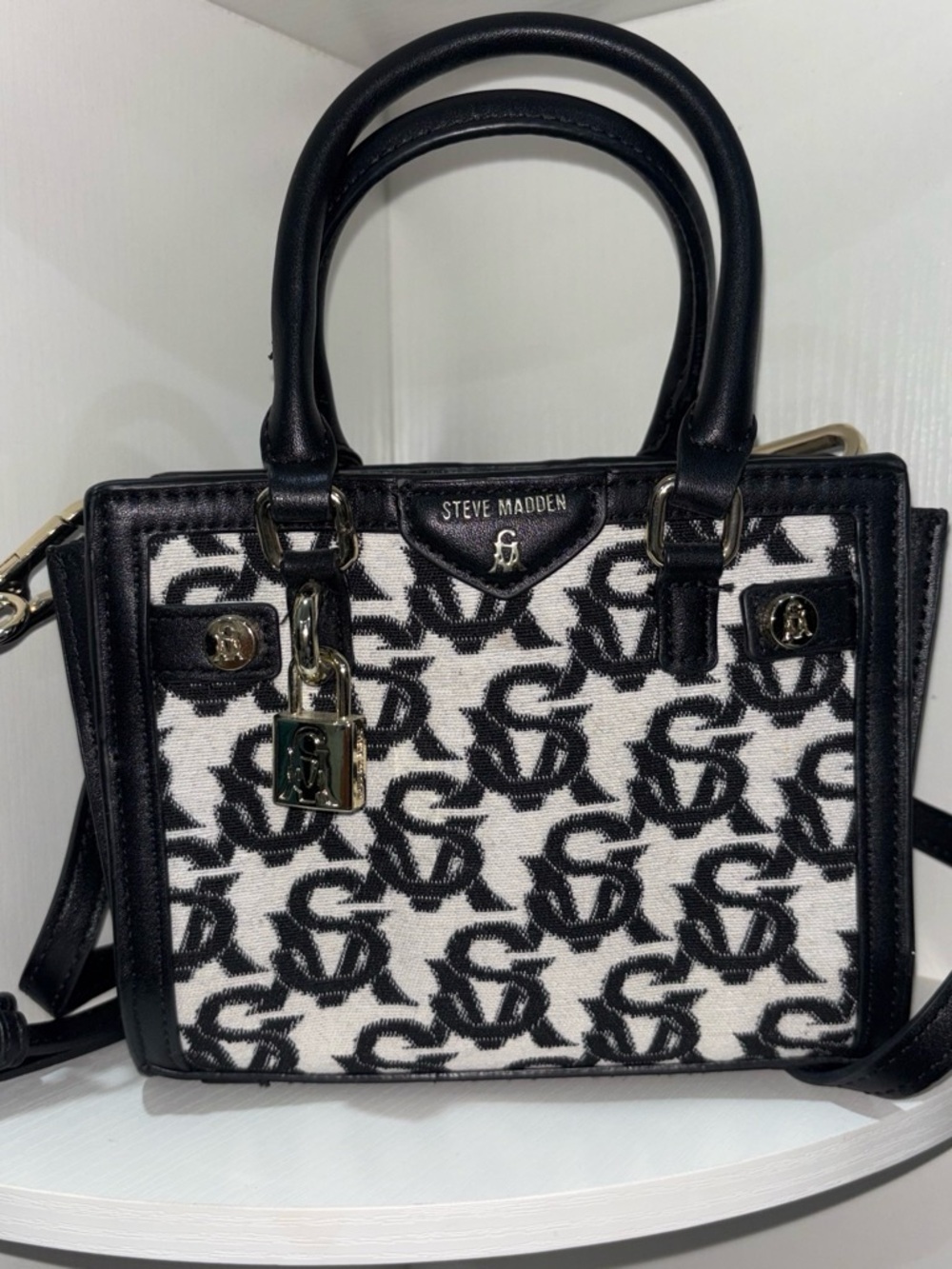 Steve Madden Black and White Logo Jacquard Satchel